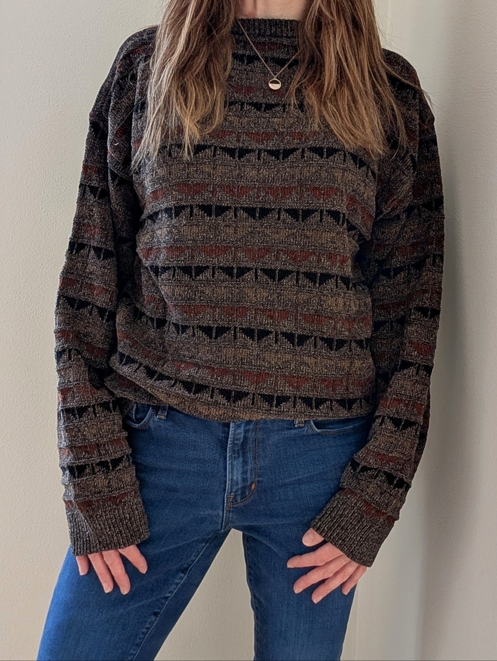 Vintage Abstract Geometric Textured Crewneck Sweater In Gray/Brown